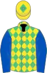 Emerald green and yellow diamonds, royal blue sleeves, yellow cap, emerald green diamond