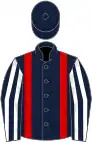 Dark blue, red braces, dark blue and white striped sleeves