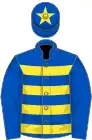 Royal blue, yellow hoops and star on cap