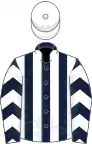Dark blue and white stripes, chevrons on sleeves, white cap