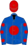Royal blue, red disc, spots on sleeves, red cap