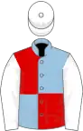 Light blue and red (quartered), white sleeves, white cap