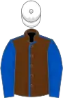 Brown, royal blue seams and sleeves, white cap