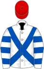 White, royal blue cross belts, hooped sleeves, red cap