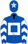 Royal blue, white hollow box, white chevrons on sleeves, white star on cap