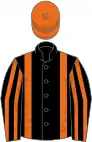 Black, orange braces, striped sleeves, orange cap
