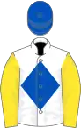 White, royal blue diamond, yellow sleeves, royal blue cap