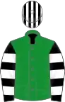 Green, black and white hooped sleeves, black and white striped cap