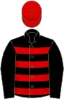Black, red hoops, black sleeves, red cap