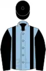 Light blue, black braces, black sleeves, black cap