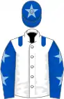 White, royal blue epaulets, royal blue sleeves, light blue stars, royal blue cap, light blue star