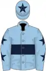Light blue, dark blue hoop, dark blue stars on sleeves, dark blue star on cap