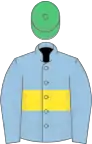 Light blue, yellow hoop, emerald green cap