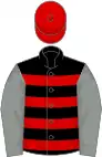 Black and red hoops, grey sleeves, red cap