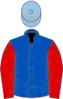 Royal blue, red sleeves, light blue cap