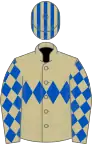Beige, royal blue triple diamond, diamonds on sleeves, striped cap