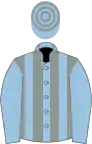 Light blue and grey stripes, light blue sleeves, hooped cap
