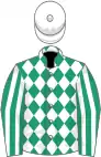 Emerald green and white diamonds, striped sleeves, white cap