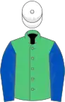 Emerald green, royal blue sleeves, white cap