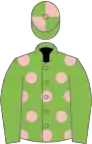 Light green, pink spots, light green sleeves, quartered cap