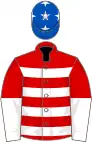 Red, white hoops, halved sleeves, royal blue cap, white stars