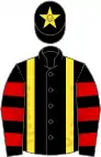 Black, yellow braces, black and red hooped sleeves, black cap, yellow star