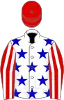 White, blue stars, red and white striped sleeves, red cap