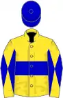 Yellow, blue hoop, diabolo on sleeves, blue cap