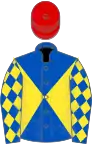 Royal blue and yellow diabolo, yellow diamonds on sleeves, red cap