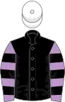 Black, Mauve and Black hooped sleeves, White cap