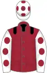 MAROON, black epaulettes, white sleeves, maroon spots, white cap, maroon spots