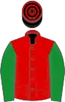 Red, green sleeves, black and red hooped cap