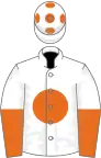White, orange disc, halved sleeves, orange spots on cap