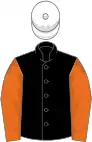 Black, orange sleeves, white cap