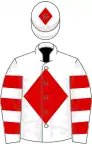 White, red diamond, hooped sleeves, diamond on cap