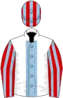 White, light blue stripe, red and light blue striped sleeves and cap
