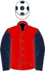 Red, dark blue sleeves, white cap, dark blue spots