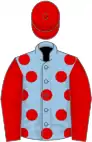 Light blue, red spots, sleeves and cap