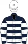 Dark blue and white hoops and armlets, white cap