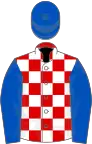 Red and white check, royal blue sleeves and cap