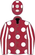 Maroon, white spots, striped sleeves and spots on cap