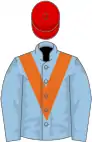 Light blue, orange chevron, red cap