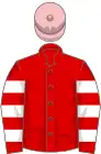 Red, white hooped sleeves, pink cap