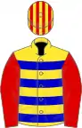 Yellow, blue hoops, red sleeves, red and yellow striped cap