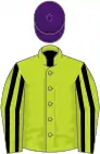Lime green, black striped sleeves, purple cap