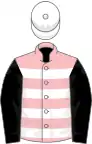 Pink, White hoops, Black sleeves, White cap