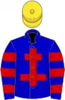 Blue, red cross of lorraine, hooped sleeves, yellow cap