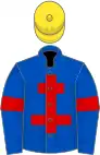 Royal blue, red cross of lorraine and armlets, yellow cap