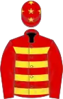 Red and yellow hoops, red sleeves, yellow stars on cap