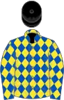 Royal blue and yellow diamonds, black cap